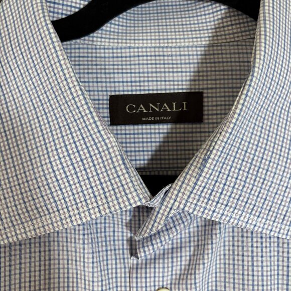 Canali Italy Made Check French Cuff Button Up Shirt - Men's Size 47/18.5 - Blue - Picture 4 of 12